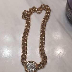 Vintage Gold Chain Bracelet with Silver Medallion